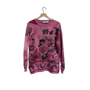 Vintage Lucia Embroidered Sweater Ramie Cotton Blend Heavy Knit‎ Floral Pink M